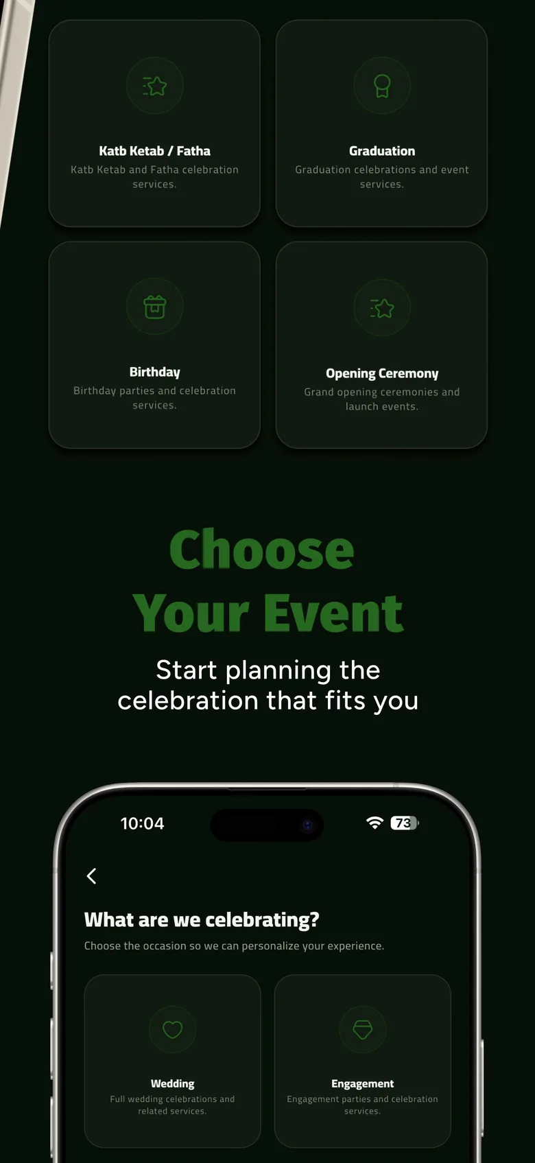 Zaffeh app: choose your event — wedding, engagement, graduation, birthday and more
